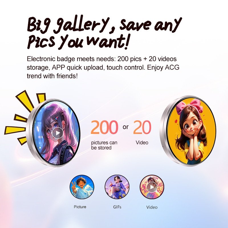 Smart Electronic Anime Badge, 1.95'' HD Touchscreen Pin with Bluetooth 6.0 App Control, Photo GIF Video Display, Sound & LED Light, Rechargeable Digital E-Badge for Cosplay & Conventions - Image 3