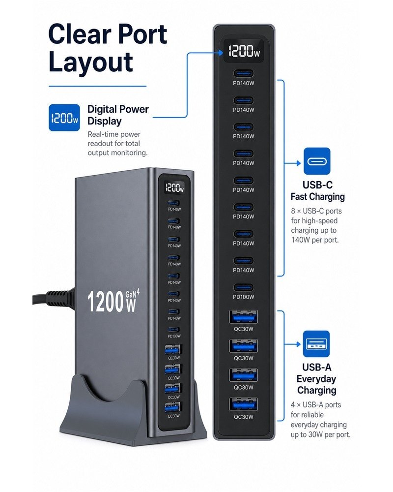 Wholesale 1200W 12-Port Desktop GaN Fast Charger Station - Image 3
