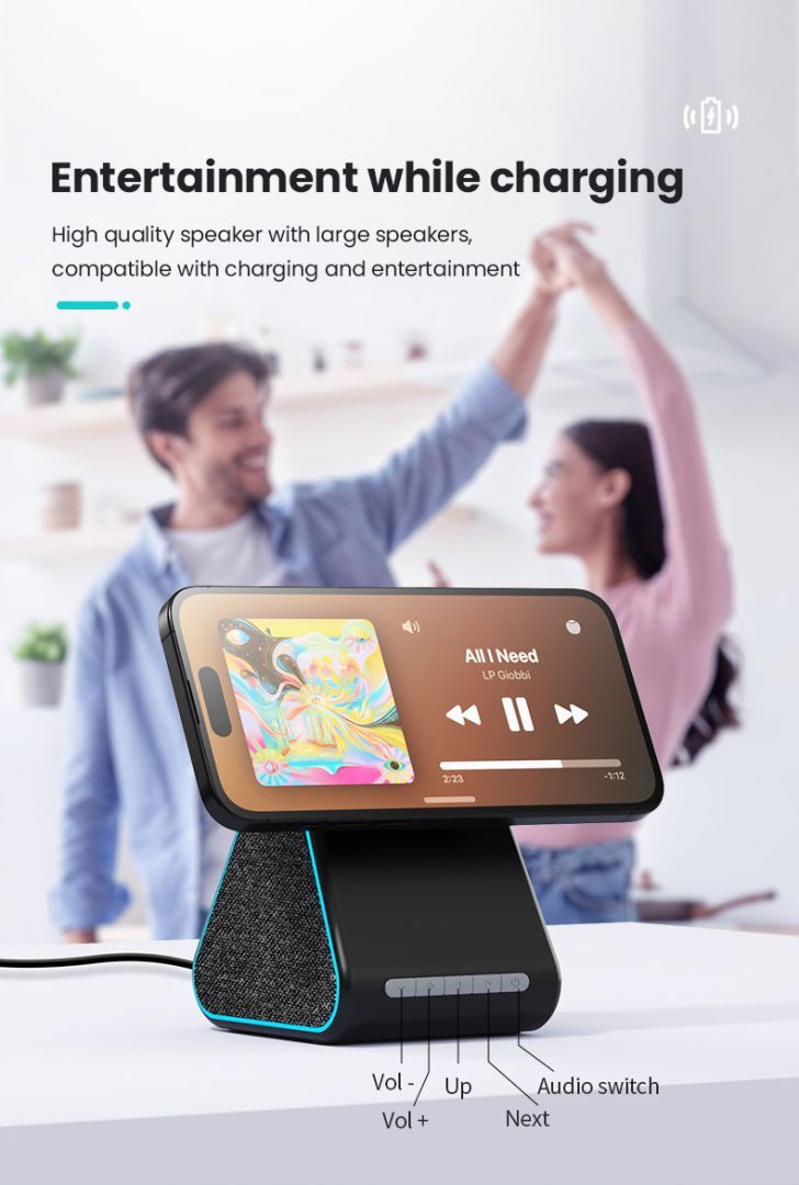 Wholesale 2-in-1 MagSafe Wireless Charger Stand with Bluetooth Speaker - 15W Fast Charge & Rotatable Dock - Image 6