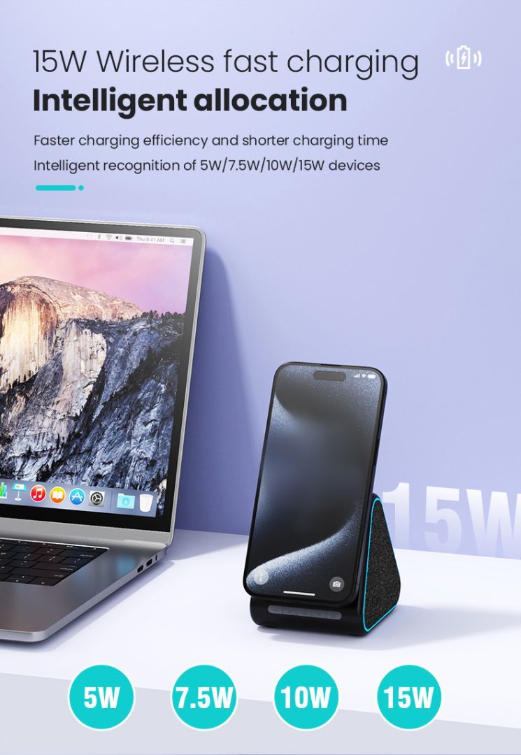 Wholesale 2-in-1 MagSafe Wireless Charger Stand with Bluetooth Speaker - 15W Fast Charge & Rotatable Dock - Image 3