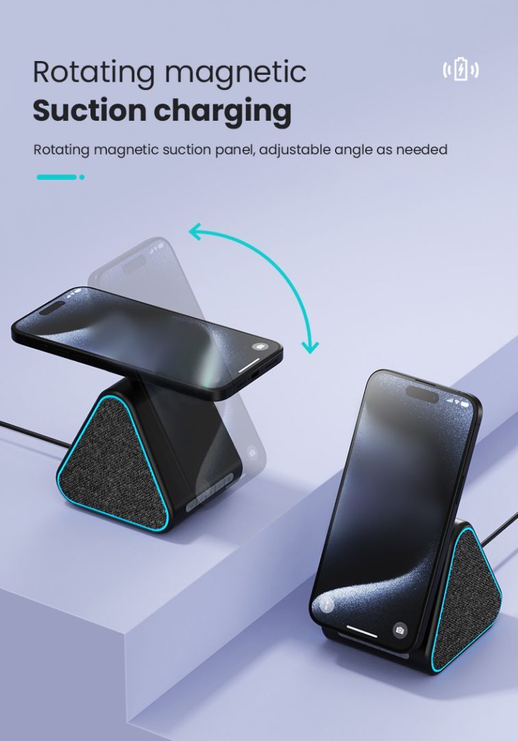 Wholesale 2-in-1 MagSafe Wireless Charger Stand with Bluetooth Speaker - 15W Fast Charge & Rotatable Dock - Image 7