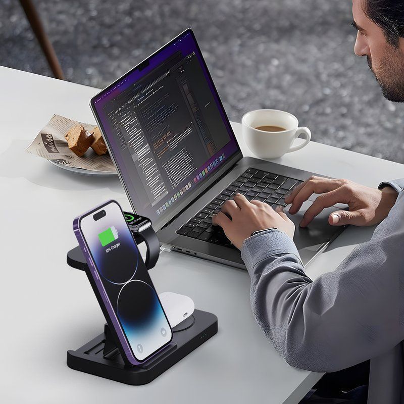Wholesale 3-in-1 Foldable Wireless Charger Station - Anti-Slip Watch Dock for Heavy Bands (iPhone/Watch/AirPods) - Image 4