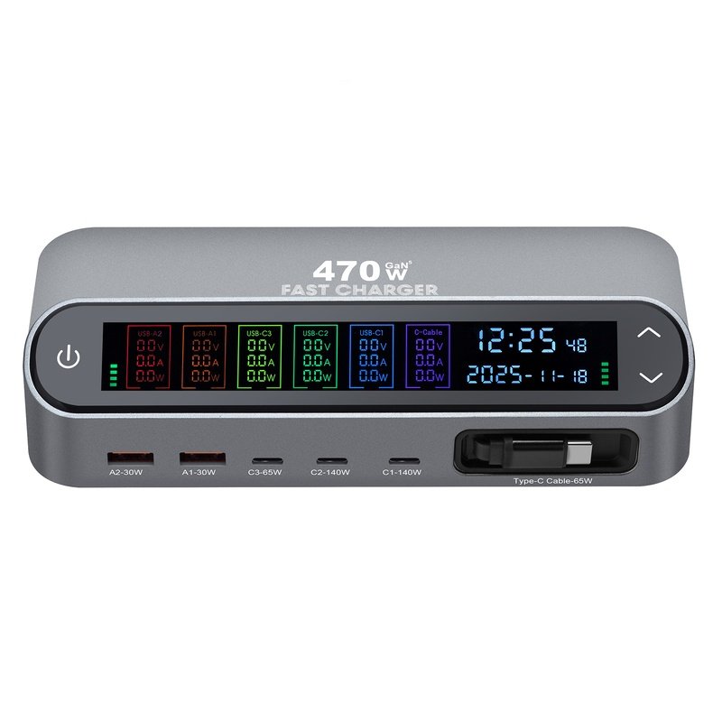 Wholesale 470W GaN Desktop Charger Station 6-Port (3C+2A+1 Built-in Cable) - PD 140W Multi-Device Fast Charging Hub with Smart LED Display - Image 10