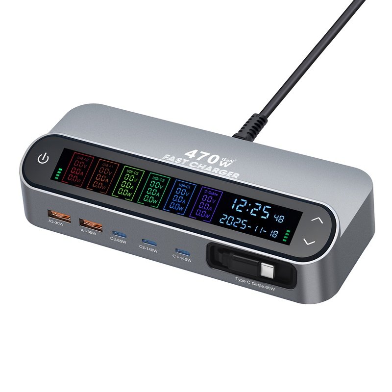 Wholesale 470W GaN Desktop Charger Station 6-Port (3C+2A+1 Built-in Cable) - PD 140W Multi-Device Fast Charging Hub with Smart LED Display - Image 11
