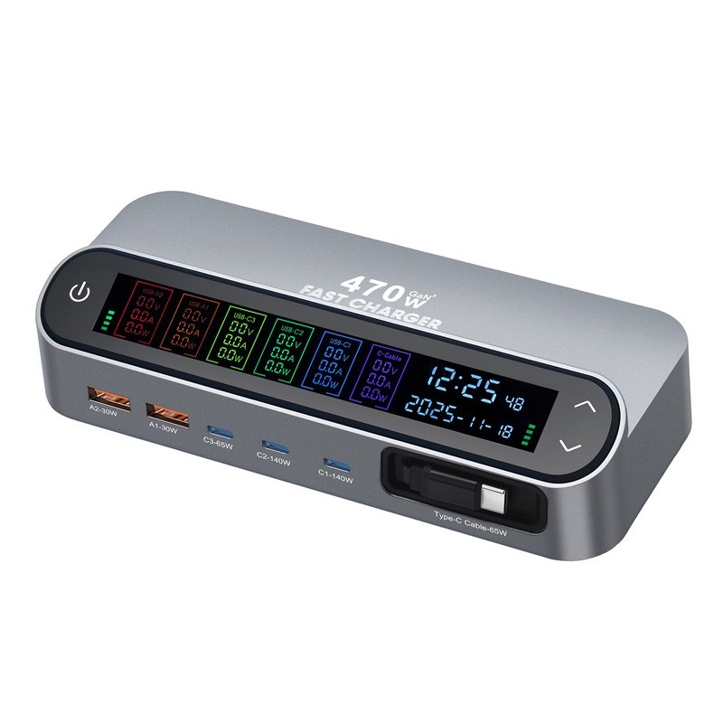Wholesale 470W GaN Desktop Charger Station 6-Port (3C+2A+1 Built-in Cable) - PD 140W Multi-Device Fast Charging Hub with Smart LED Display - Image 14