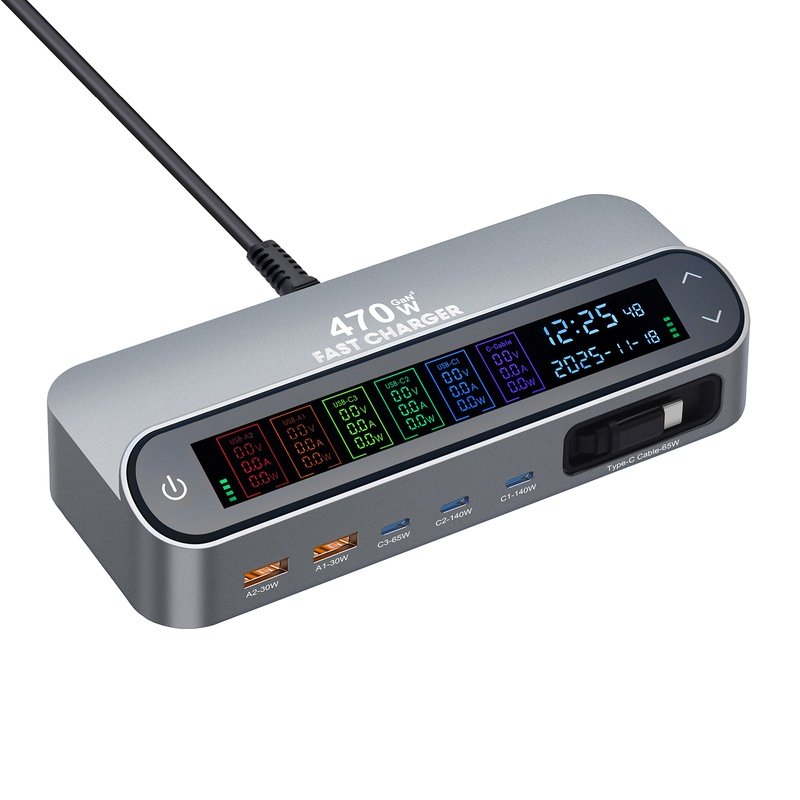Wholesale 470W GaN Desktop Charger Station 6-Port (3C+2A+1 Built-in Cable) - PD 140W Multi-Device Fast Charging Hub with Smart LED Display - Image 9