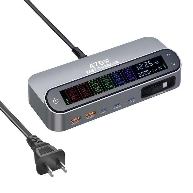 Wholesale 470W GaN Desktop Charger Station 6-Port (3C+2A+1 Built-in Cable) - PD 140W Multi-Device Fast Charging Hub with Smart LED Display - Image 15