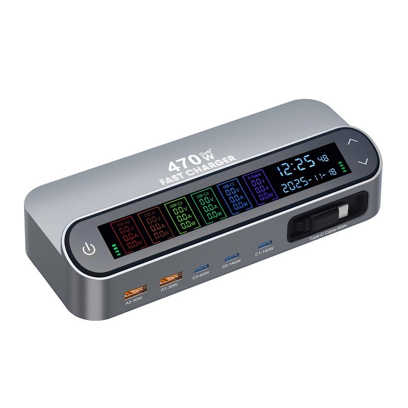 Wholesale 470W GaN Desktop Charger Station 6-Port (3C+2A+1 Built-in Cable) - PD 140W Multi-Device Fast Charging Hub with Smart LED Display - Image 13