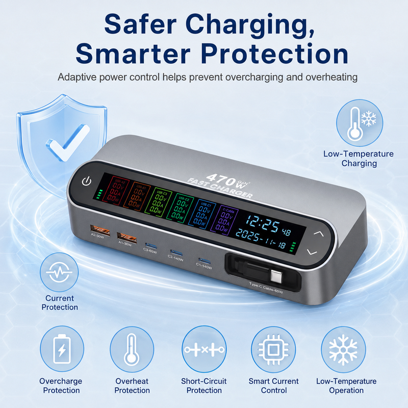 Wholesale 470W GaN Desktop Charger Station 6-Port (3C+2A+1 Built-in Cable) - PD 140W Multi-Device Fast Charging Hub with Smart LED Display - Image 6
