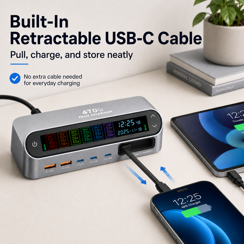 Wholesale 470W GaN Desktop Charger Station 6-Port (3C+2A+1 Built-in Cable) - PD 140W Multi-Device Fast Charging Hub with Smart LED Display - Image 3