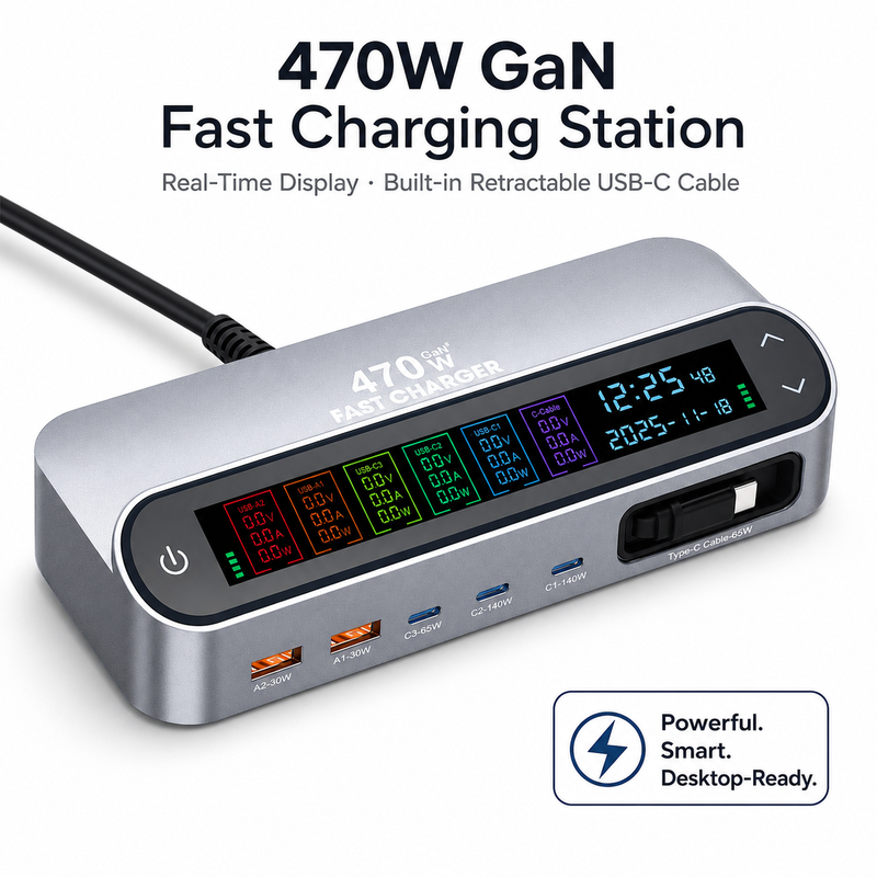 Wholesale 470W GaN Desktop Charger Station 6-Port (3C+2A+1 Built-in Cable) - PD 140W Multi-Device Fast Charging Hub with Smart LED Display - Image 19