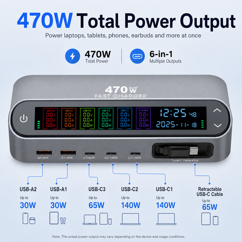 Wholesale 470W GaN Desktop Charger Station 6-Port (3C+2A+1 Built-in Cable) - PD 140W Multi-Device Fast Charging Hub with Smart LED Display - Image 22