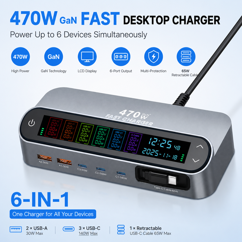 Wholesale 470W GaN Desktop Charger Station 6-Port (3C+2A+1 Built-in Cable) - PD 140W Multi-Device Fast Charging Hub with Smart LED Display - Image 23