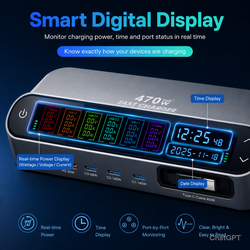 Wholesale 470W GaN Desktop Charger Station 6-Port (3C+2A+1 Built-in Cable) - PD 140W Multi-Device Fast Charging Hub with Smart LED Display - Image 20