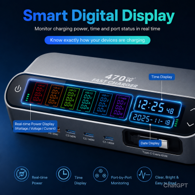 Wholesale 470W GaN Desktop Charger Station 6-Port (3C+2A+1 Built-in Cable) - PD 140W Multi-Device Fast Charging Hub with Smart LED Display