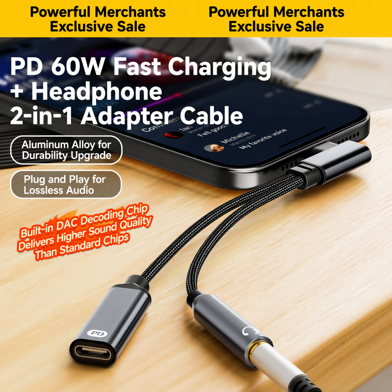 Wholesale 60W USB-C PD Charging and 3.5mm Audio Adapter Cable - Image 5
